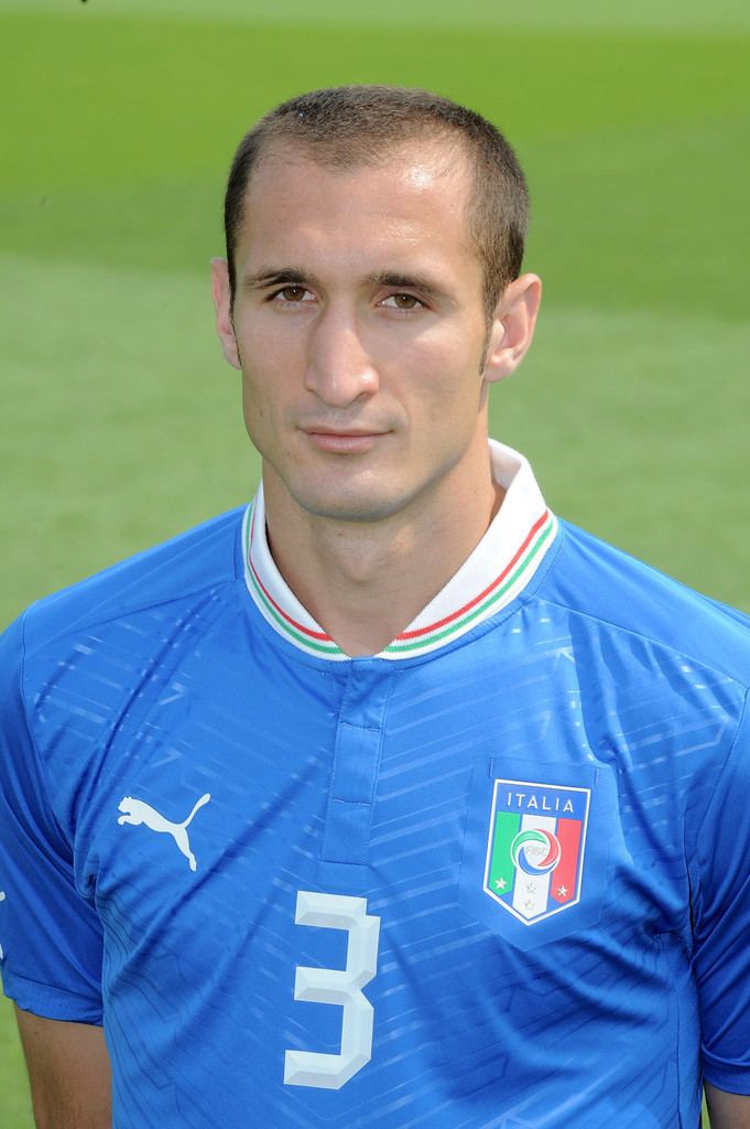 Smiling Giorgio Chiellini on the football field while wearing a jersey