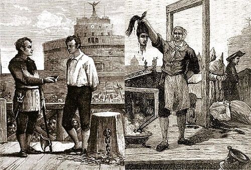 An art illustration, On the left, a man(left) is serious, standing holding a book with his right hand, an ax with his left hand, has black hair wearing a long sleeve and black pants along with boots. a man(right) is serious, looking down, standing, hands at the back has black hair wearing a whtie shirt and pants, at the back is a stone with a flat surface and a chain behind, and a crowd with a large building behind, on the right , from left, a man is serious, standing, right hand up holding a human head with a long black hair, left hand on its back, has white hair wearing a white scarf a black long sleeve, white apron and black pants, and shoes, at the back is a guillotine with a beheaded body behind and a man standing with black hat and black robe.