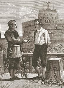 From left, a man is serious, standing holding a book with his right hand, an ax with his left hand, has black hair wearing a long sleeve and black pants along with boots. At the right, a man is serious, looking down, standing, hands at the back has black hair wearing a whtie shirt and pants, at the back is a stone with a flat surface and a chain behind, and a crowd with a large building behind.