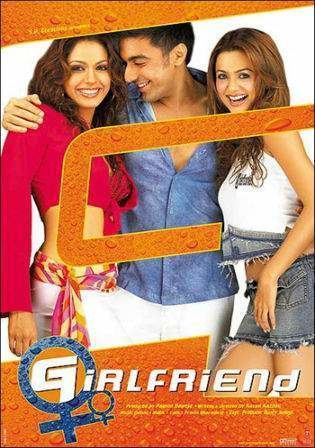 Isha Koppikar, Amrita Arora, and Aashish Chaudhary smiling all together in the movie poster of the 2004 film Girlfriend