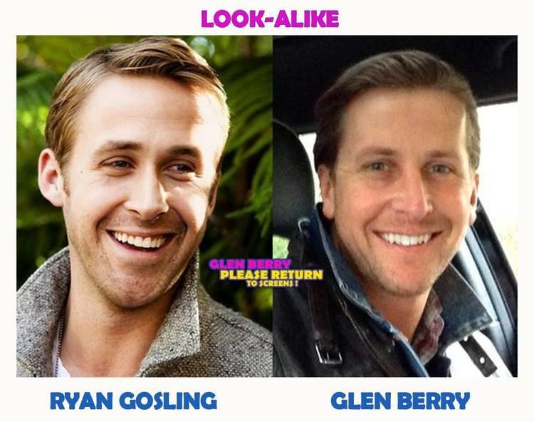 On the left, Ryan Gosling smiling, the look-alike of Glen Berry. On the right, Glen Berry with a smiling face.