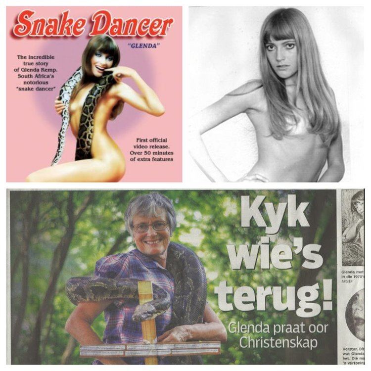 On the upper left is Glenda Kemp and a snake while on the upper right is naked Glenda Kemp and on the bottom part is old Glenda Kemp with a snake coiled on her body