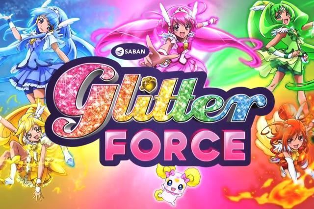 Poster of Glitter Force, a 2012 Japanese television anime series starring fictional characters of Reika Aoki with blue hair, Miyuki Hoshizora with pink hair, Nao Midorikawa with green hair, Yayoi Kise with yellow hair, Akane Hino with orange hair, and their pet Candy with yellow ears.
