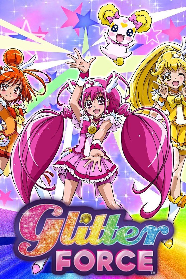 Poster of Glitter Force, a 2012 Japanese television anime series starring fictional characters of Akane Hino with orange hair, Miyuki Hoshizora with pink hair, Yayoi Kise with yellow hair, and their pet Candy.