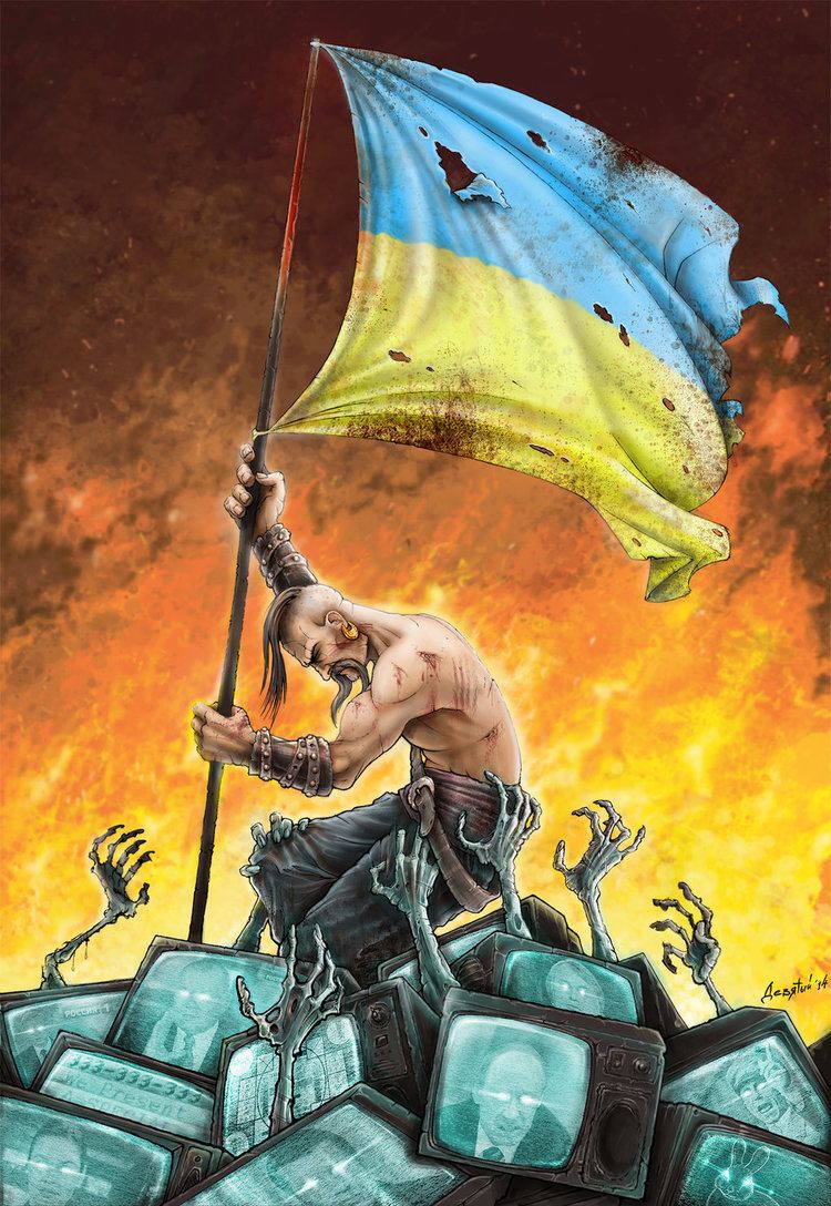 The graphic art of a man holding a torn & blood stained flag of Ukraine and televisions with skeleton hands pertaining to the Glory of Ukraine
