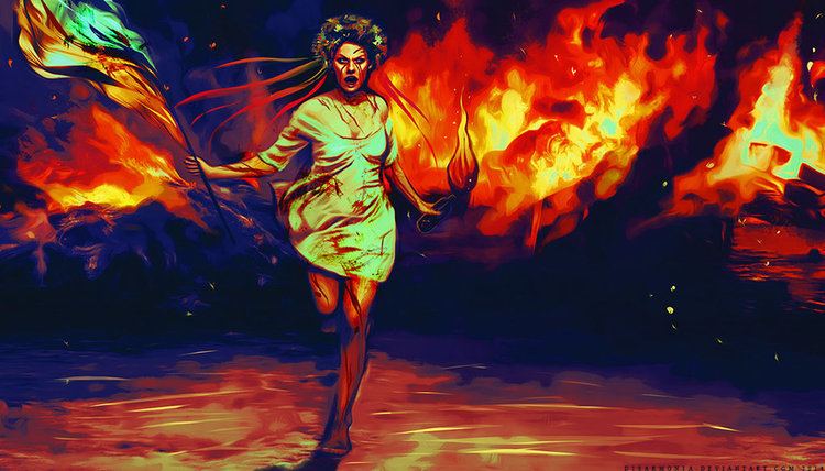 The graphic art of a fierce woman walking from the fire with blood on her body and face while wearing a dress and crown