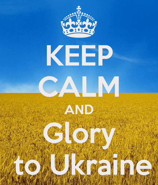 A quote saying "Keep calm and Glory to Ukraine" and rice field in the background