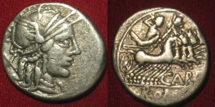Gnaeus Papirius Carbo Gnaeus Papirius Carbo AR silver denarius Helmeted Roma Jupiter in