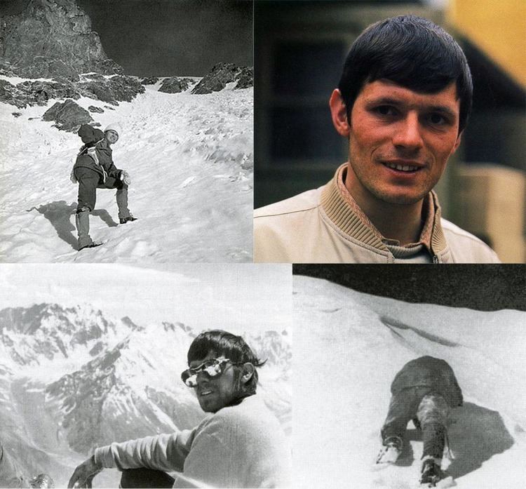 Gunther Messner journey to Nanga Parbat. Gunther in the upper left image, taking a rest while leaning his left elbow on his left thigh and his right hand on his waist on a snowy mountain, wearing a white bonnet, a pair of boots, pair of mittens, a jacket, and hiking pants. Upper right image, he is smiling, has black hair with bangs, wearing a brown polo shirt under a brown jacket. Lower left image, with a serious look while sitting, his right elbow lying on his toes in a snowy mountain, he has black hair with bangs wearing sunglasses and a white jacket and pants. Lower right image, he was climbing on a snowy mountain, wearing a pair of boots, a jacket, and hiking pants.