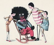A Golliwog as depicted in a children's book sitting on a rocking chair along with other wooden toys.