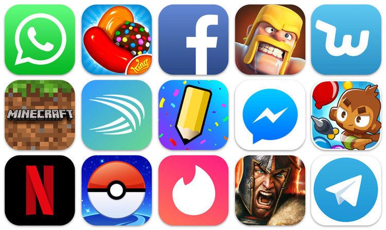 Google Android applications, 1st row, 1st column, Whatsapp icon in green background a white speech bubble with phone icon inside. 1st row, 2nd column, Candy crush icon in blue background with, red candy(left), orange(middle), Brown with sprinkles in blue red pink yellow colors, and King written at the bottom right, 1st row, 3rd column, Facebook icon in blue background and F in white, 1st row, 4th column, Clash of Clans icon, a man is furious, has yellow hair yellow mustache and yellow eyebrows. 1st row, 5th column, Wish app icon in sky-blue background, with a white "W" in the middle, 2nd row, 1st column, Minecraft icon, in a pixelated brown dirt background with green grass on top and Minecraft in the middle, 2nd row, 2nd column, Swift Keyboard app icon, in cyan background, with six curvy lines, 2nd row, 3rd column, Draw Something app icon, in blue with confetti background, with yellow pencil in the middle, 2nd row, 4th column, Messenger icon, in white background, with blue bubble speech in the middle with white logo, 2nd row, 5th column, Bloons TD 6 app icon, in blue background with a red balloon, black dart, yellow dot and a brown monkey throwing a dart, 3rd row, 1st column, Netflix app icon, in black background with red N in the middle, 3rd row, 2nd column Pokemon Go app icon in blue background with poke-ball in the middle, the poke-ball has a red top, a white circle button in the middle and white bottom, 3rd row, 3rd column, Tinder app icon with a pink background with white flame logo, 3rd row, 4th column,  God of war - Fire Age app icon, a man is furious, mouth open, wearing a steel helmet and a white fur, 3rd row, 5th column, Telegram app icon, in a white background has a blue circle with a white paper plane.