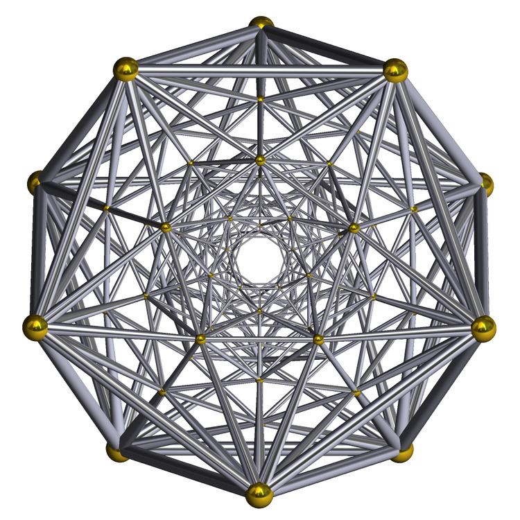 On a white background, Grand antiprism has 20 stacked pentagonal antiprisms occurring in two disjoint rings of 10 antiprisms each. The antiprisms in each ring are joined to each other via their pentagonal faces. The two rings are mutually perpendicular, in a structure similar to a duoprism. Has gold joints and silver structure.