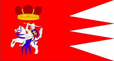 The flag of the Grand Duchy of Lithuania showing a white/silver dexter-faced mounted knight on the red field and the knight holding a lance and a crown above it and a white field on the right side