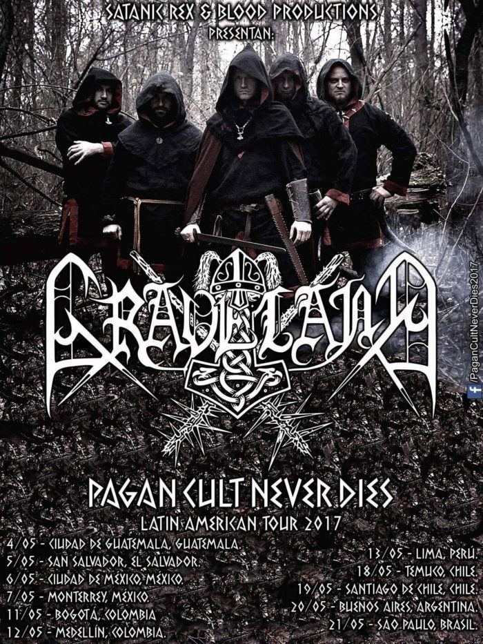 Draugir, Sigrunar, Rob Darken, Mstislav, and Bor of the band Graveland wearing black and red hooded long sleeves on the poster of their 2017 Latin American tour