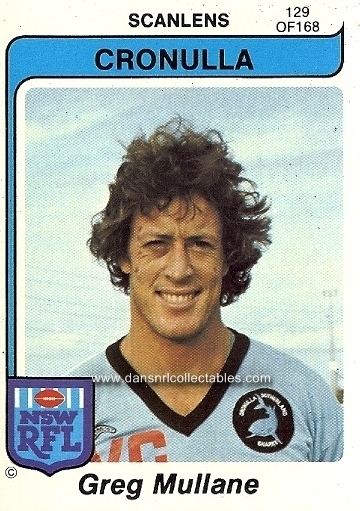 Greg Mullane 1980 Scanlens Rugby League Card no 129 Greg Mullane Cronulla