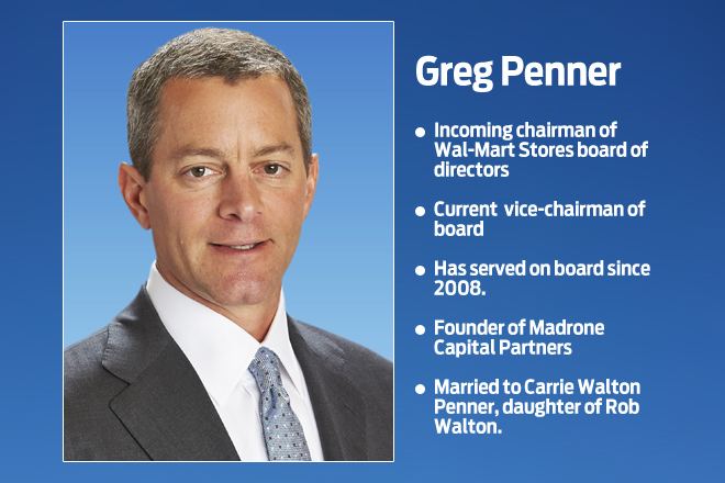 on the left, Greg Penner is smiling, in a blue background, has brown hair wearing a white polo with blue dotted necktie and black coat, at the right is his name Greg Penner and his achievements, Incoming chairman of Wal-Mart Stores board of directors, Current vice-chairman of Board, Has served on board since 2008, Founder of Madrone Capital Partners, Married to Carrie Walton daughter of Rob Walton.