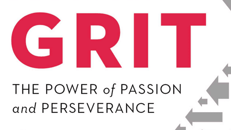 On a white background with multiple gray arrows pointing to the left at the bottom right. The word "GRIT" is written in red in the middle, with the words "THE POWER of PASSION and PERSEVERANCE" written below.