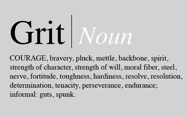On a gray background, is the dictionary meaning of “Grit | Noun COURAGE, bravery, pluck, mettle, backbone, spirit, strength of character, strength of will, moral fiber, steel, nerve, fortitude, toughness, hardiness, resolve, resolution, determination, tenacity, perseverance, endurance; informal: guts, spunk.”