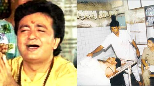 On the left, Gulshan Kumar wearing a yellow shirt. On the right, the dead body of Gulshan Kumar, covered by a white cloth.