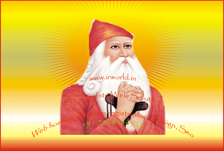A colored painting, in a yellow background, Guru Jambheshwar is serious, praying with both hands holding a cane with a black bead necklace, looking up to his left with a yellow circle around his head, has white long hair beard and mustache, wearing a red-orange cap and a red-orange robe. With a watermark word in front ‘www.invorld.in A complete Web Solution, Web hosting, Domain registration, Design Seo +91 7568182526”