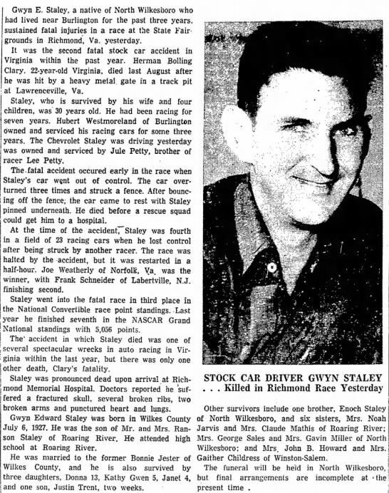 Gwyn Staley Death of race car driver Gwyn Staley on March 23 1958 Newspaperscom