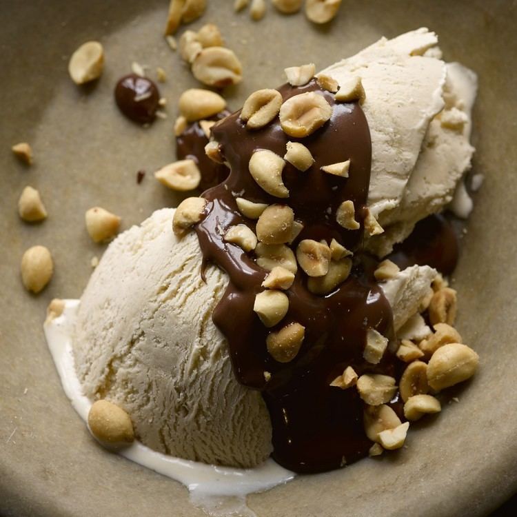 Halva ice cream Halva ice cream with chocolate sauce and salted peanuts