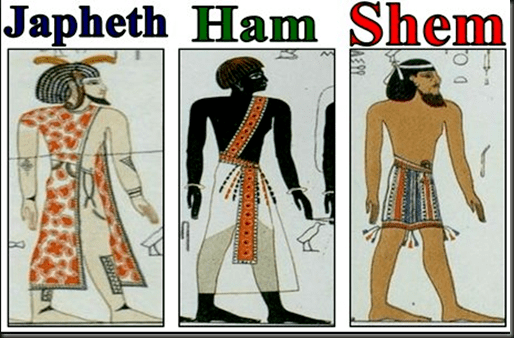 Human figures of Japeth, Ham, and Shem, sons of Noah.