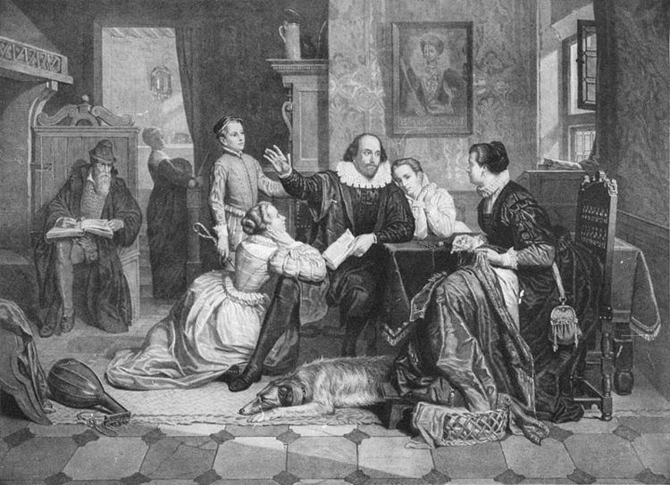A painting of the Shakespeare Family with Hamnet Shakespeare laying by his fathers shoulder.