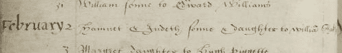 The Baptism record of Hamnet and Judith Shakespeare in 1585.