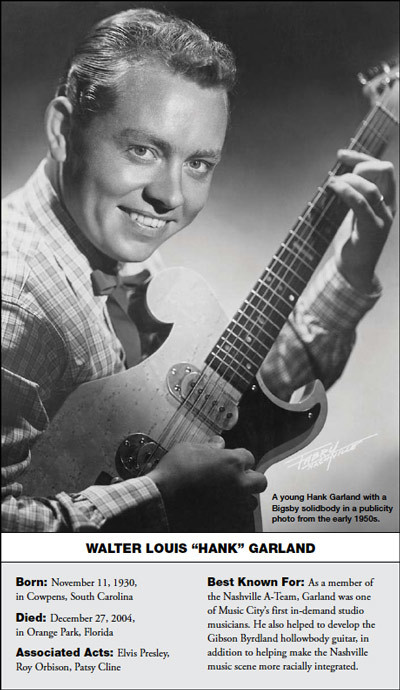 A poster of Hank Garland smiling while playing a guitar.