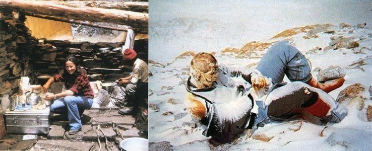 On the left, Hannelore Schmatz wearing a red checkered shirt, and Gerhard Schmatz wearing a red hat while cooking at Mount Everest. On the right, the dead body found at Mount Everest.