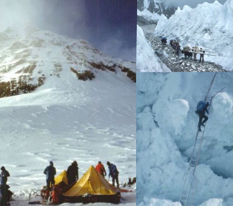 On the left, the rescue team searching for Hannelore Schmatz and Gerhard Schmatz with a yellow tent. On the left, the rescue team searching for Hannelore Schmatz and Gerhard Schmatz with ladders at Mt. Everest.