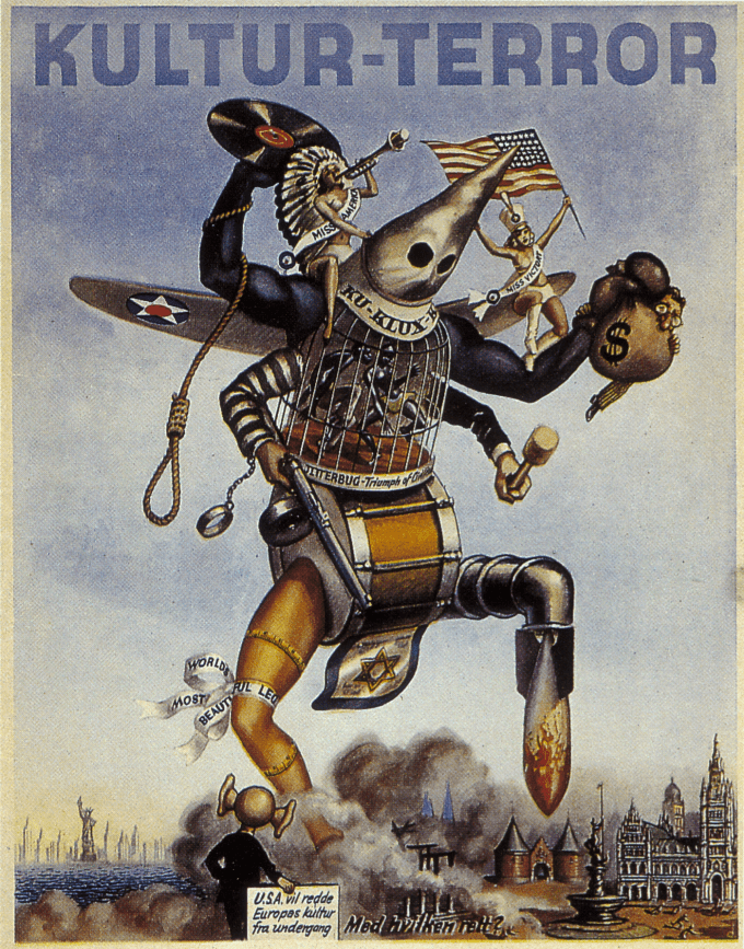 A 1944 Nazi SS propaganda poster drawn by Harald Damsleth for a Nazi propaganda tabloid.