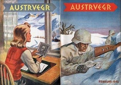 A World War II propaganda art during the German occupation of Norway drawn by Harald Damsleth titled 1943 Way to East February 1943.