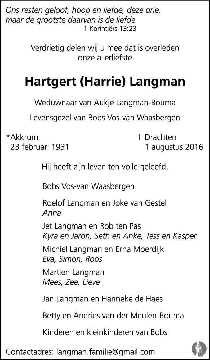 Harrie Langman Hartgert Harrie Langman overlijdensbericht en condoleances