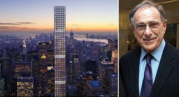 On the left is 432 Park Avenue while, on the right is Harry B. Macklowe smiling and wearing eyeglasses, coat, long sleeves, and a necktie
