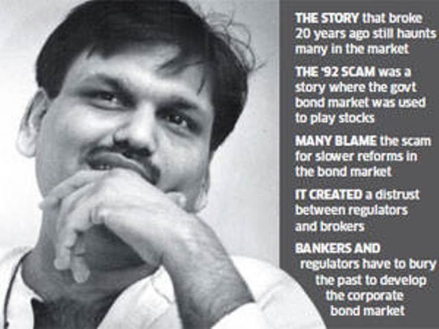 On the left, Harshad Mehta looking afar and his hand on his chin while on the right, an article about the Harshad Mehta scam