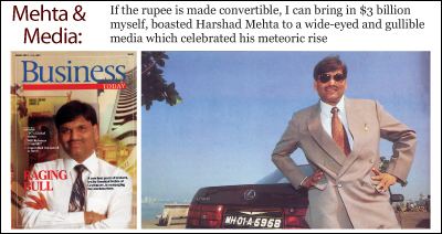 On the left, Harshad Mehta featured on the cover of Business Magazine. On the right, Harshad Mehta wearing a gray coat, long sleeves, and necktie