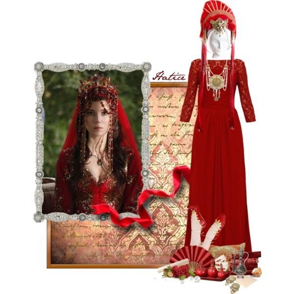 Hatice Sultan wearing a red gown, red headdress, and some pieces of jewelry