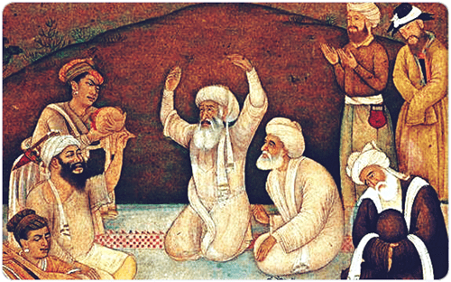 Hatim al-Tai sitting on the floor while speaking with hand gestures and people around him are listening