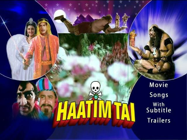 Poster of Hatim Tai, a 1990 Bollywood fantasy film directed by Babubhai Mistri and starring Jeetendra, Sangeeta Bijlani, Satish Shah, and Amrish Puri in lead roles.