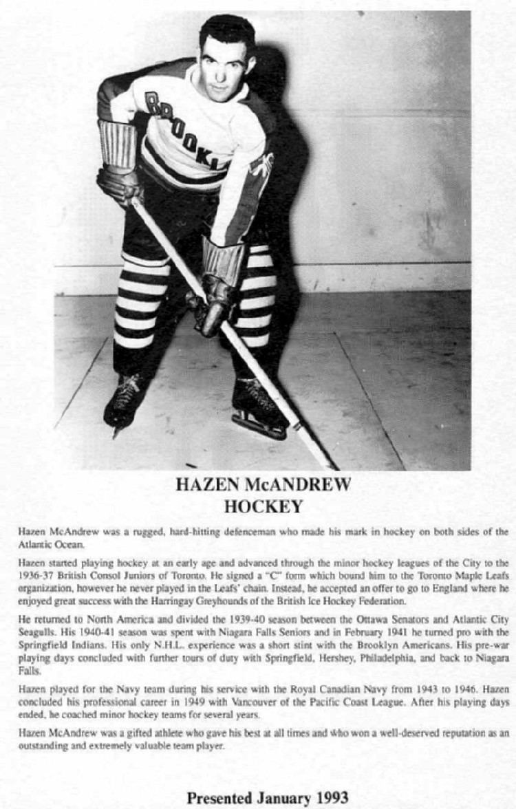 Hazen McAndrew Niagara Falls Sports Wall of Fame Hazen McAndrew Athlete Hockey