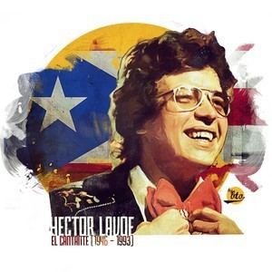 Hector Lavoe smiling while holding into his bowtie and wearing a coat in a tribute poster