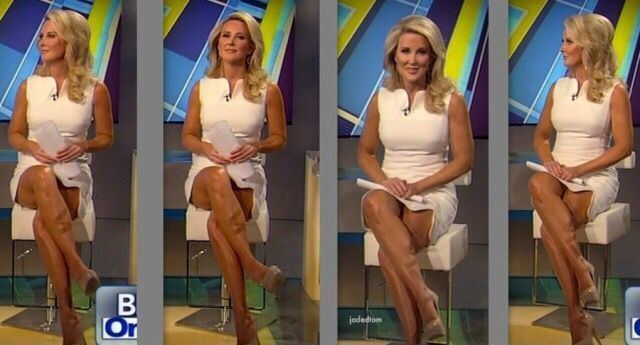 Different poses of Heather Childers in the Fox News Channel. Heather is smiling with crossed legs while holding a paper, with wavy blonde hair, with a pair of nude stilettos while wearing a wireless microphone on her white dress with a deep V-cut.