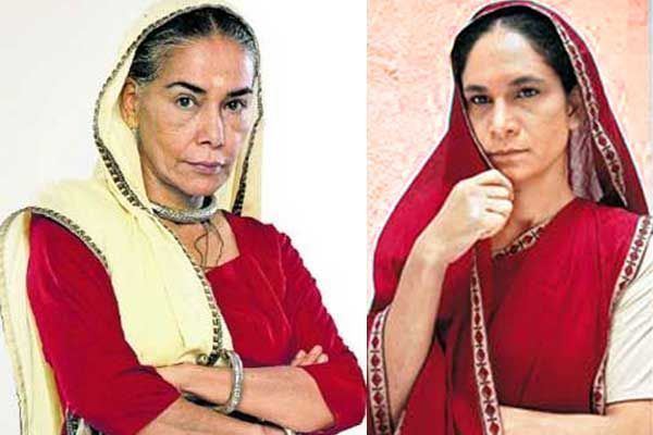 Surekha Sikri standing and wearing a red dress (left), and Heeba Shah wearing a red dress in white background (left)