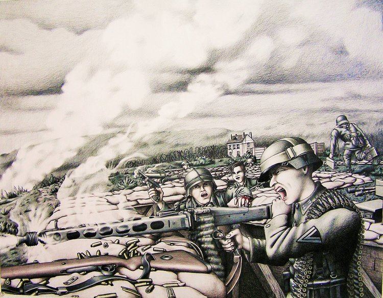 Painting of 4 soldiers in trench warfare with sandbags around them, they are shouting while holding a firearm wearing a combat helmet and a combat uniform