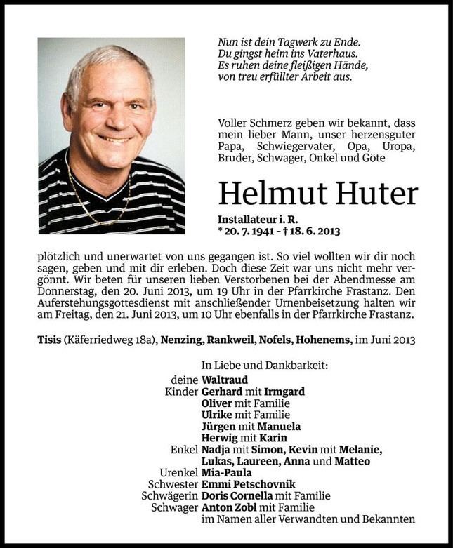 Helmut Huter Helmut Huter Todesanzeige VN Todesanzeigen