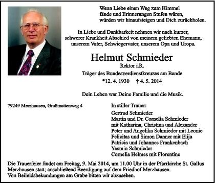 Helmut Schmieder Helmut Schmieder Trauer Traueranzeigen Nachrufe badische