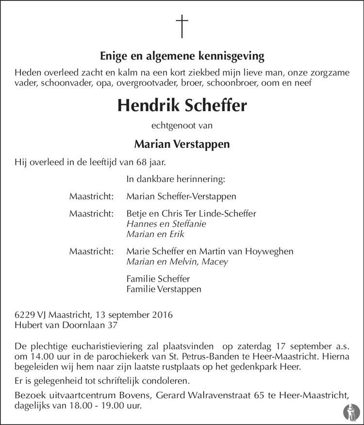Hendrik Scheffer Hendrik Scheffer 13092016 overlijdensbericht en condoleances