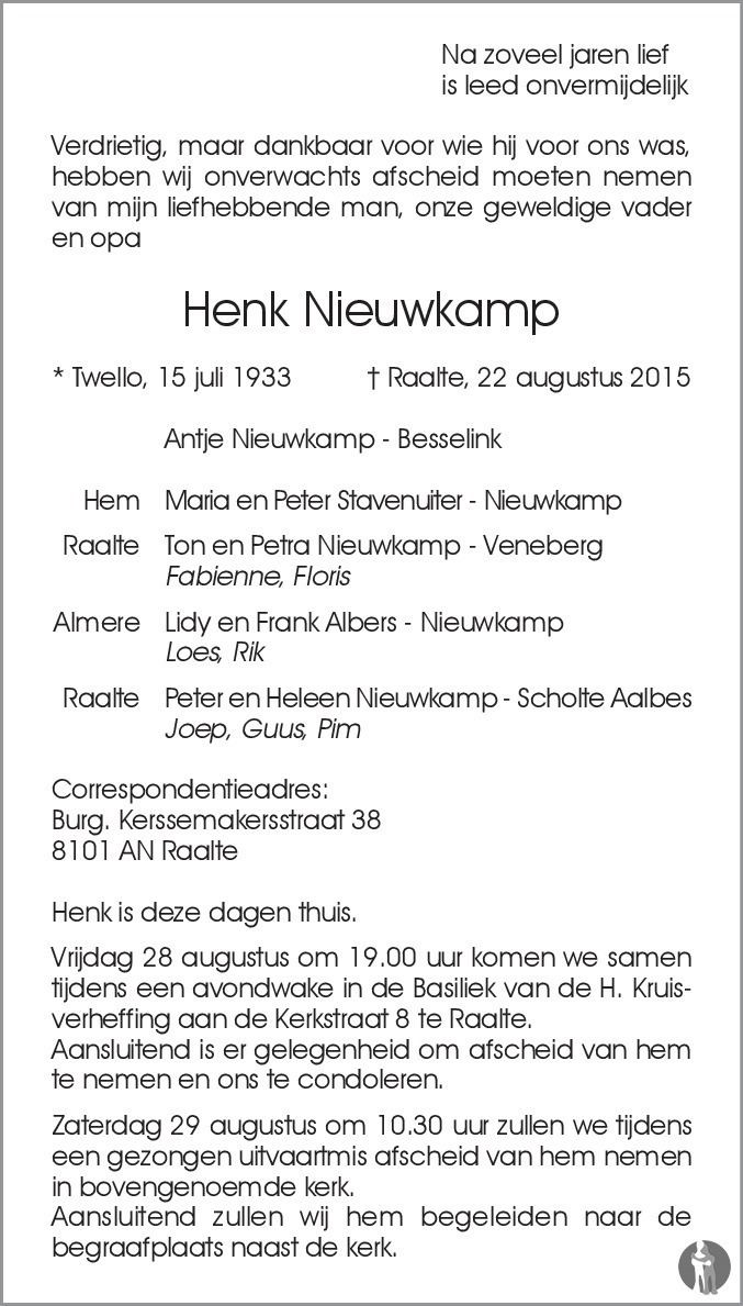 Henk Nieuwkamp Henk Nieuwkamp 22082015 overlijdensbericht en condoleances